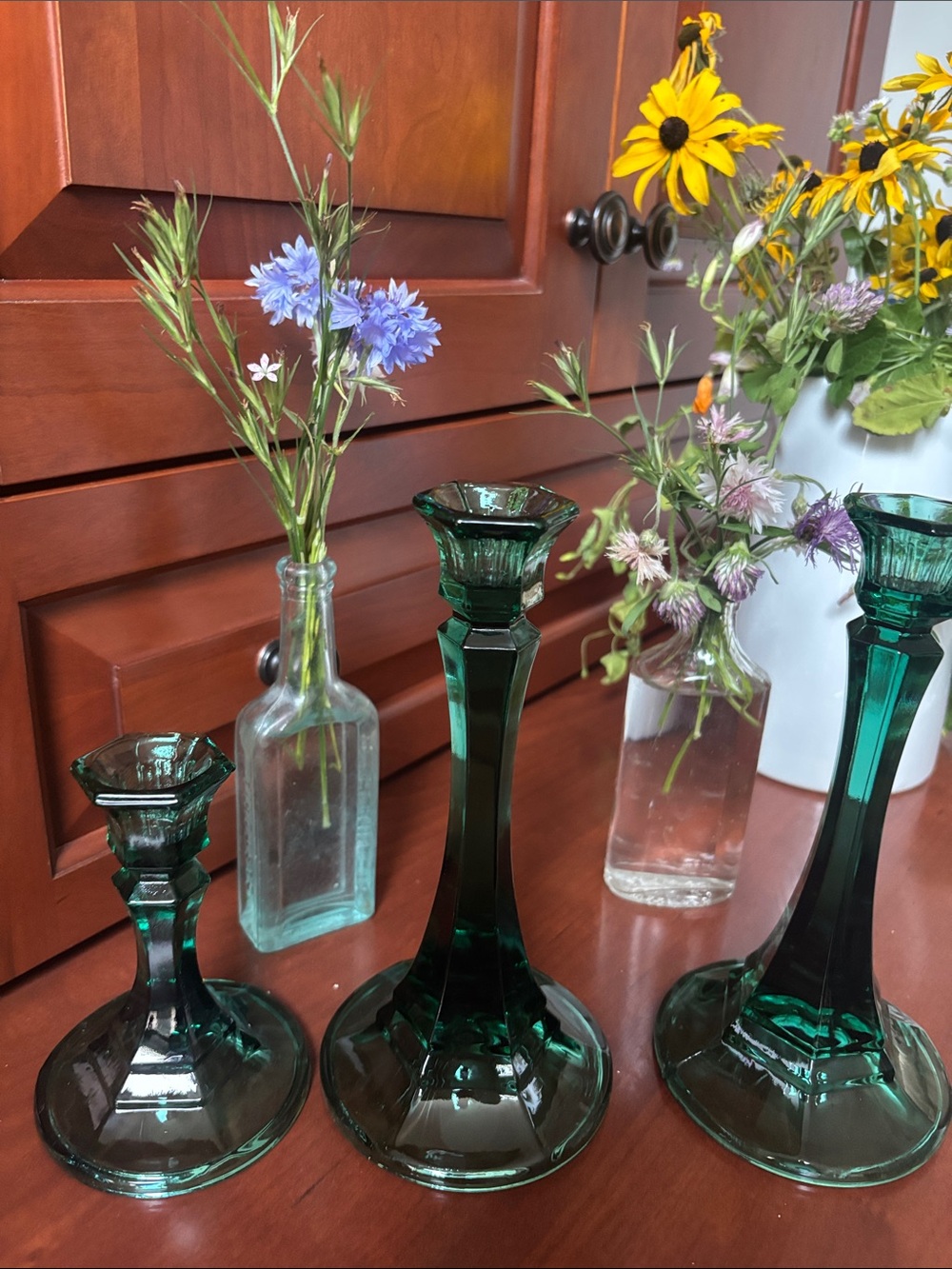 Vintage Indiana Glass Teal Green Paneled Chandelier Candlestick Holders